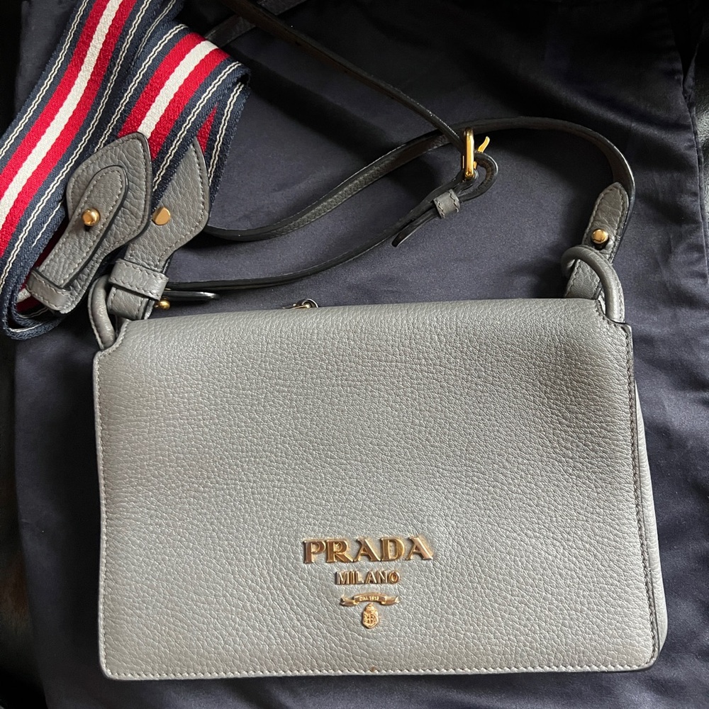 Prada Gray Leather Bag with Gold Logo and 2 straps. Striped & same color strap.